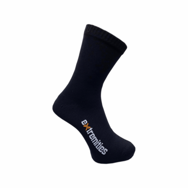 Black mid-calf sock with a ribbed cuff and a white embroidered "8xtremities" logo featuring an orange 'x', shown against a plain white background.