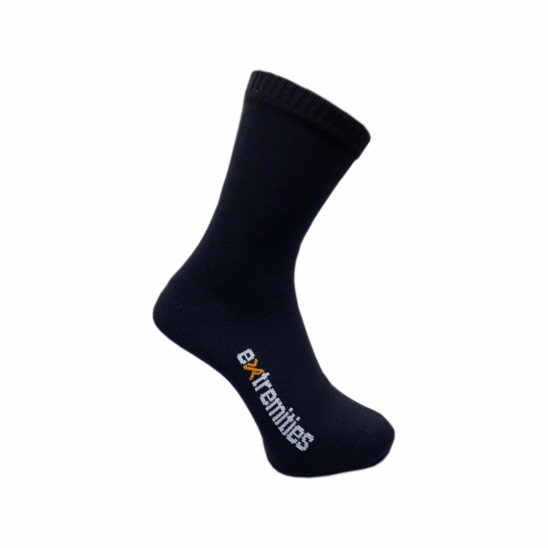 Evolution-Sock_1500px_300dpi-3.png Black mid-calf sock with a ribbed cuff and a white embroidered "8xtremities" logo featuring an orange 'x', shown against a plain white background.