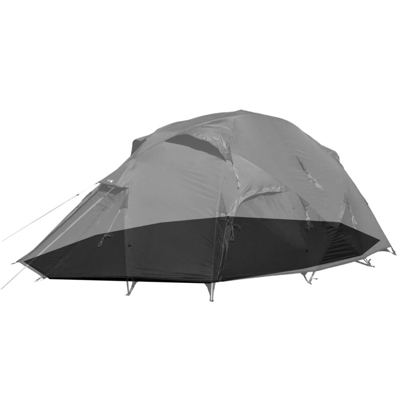 Expedition-Cosmos-1500x1500-1-3.jpg Grey dome-style camping tent with zippered front door, rainfly, front vestibule, aluminium pole supports and guy lines, shown isolated on a white background.