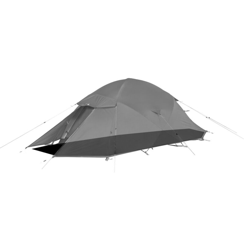 Expedition-Super-Quasar-1500x1500-1-3.jpg Grey dome-style camping tent with an extended front vestibule and rainfly, supported by external poles and tensioned guylines, shown on a plain white background.