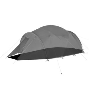 Expedition-Terra-Firma-3.jpg Large grey tunnel-style camping tent with multiple arched poles, a small front porch canopy, dark waterproof base and tensioned guy lines, photographed on a white background.