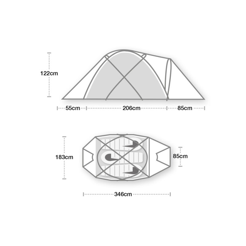 Side and top schematic of a dome tent with labeled dimensions showing a central sleeping area 206 cm long and 122 cm high, a 55 cm vestibule on the left and 85 cm on the right, overall length 346 cm and interior width 183 cm, with two sleeping mats drawn inside the central space.