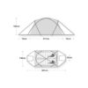 ExpeditionQuasar1500x1500px-4.jpg Two schematic views of a two-person tunnel tent — a side elevation and a top plan — annotated with measurements: 105 cm peak height, a 217 cm central sleeping area flanked by 72 cm porches, 361 cm overall length, 136 cm central width and 65 cm end porch depth, showing two sleeping mats and crossed pole supports.