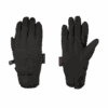 Pair of black insulated winter gloves laid flat on a white background, left glove showing the back with a wrist strap and subtle stitched detailing, right glove showing the palm with reinforced thumb and fingertips and a small X-BLOCK fabric tag