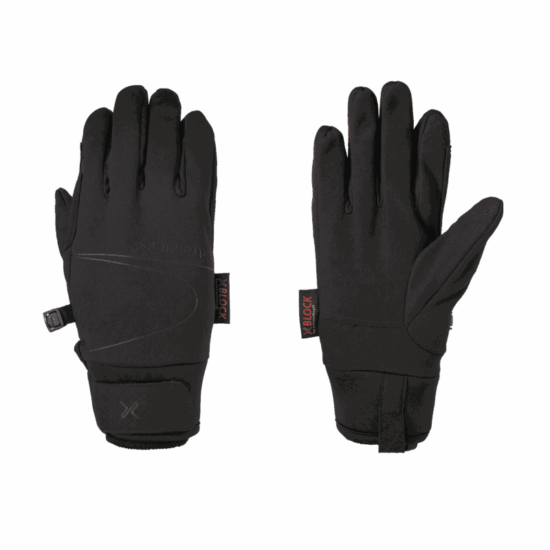 Pair of black insulated winter gloves laid flat on a white background, left glove showing the back with a wrist strap and subtle stitched detailing, right glove showing the palm with reinforced thumb and fingertips and a small X-BLOCK fabric tag