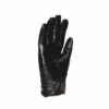 Fernie-Glove-2_3000px_300dpi-e1662539656214-3.png Black leather right-hand glove with stitched detailing, snap-button cuff and brown inner trim, photographed flat against a white background