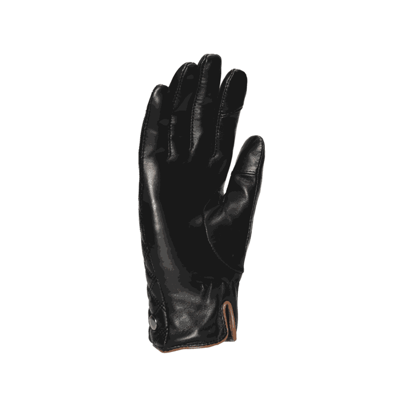 Black leather right-hand glove with stitched detailing, snap-button cuff and brown inner trim, photographed flat against a white background