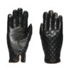 Fernie-Glove-Women-Back-and-Palm_3000px_300dpi-1-scaled-4.jpg Pair of black leather gloves on a white background: left glove shows a smooth palm with reinforced thumb and split brown-trimmed cuff; right glove displays a diamond-quilted back with a matching brown-trimmed cuff and snap.