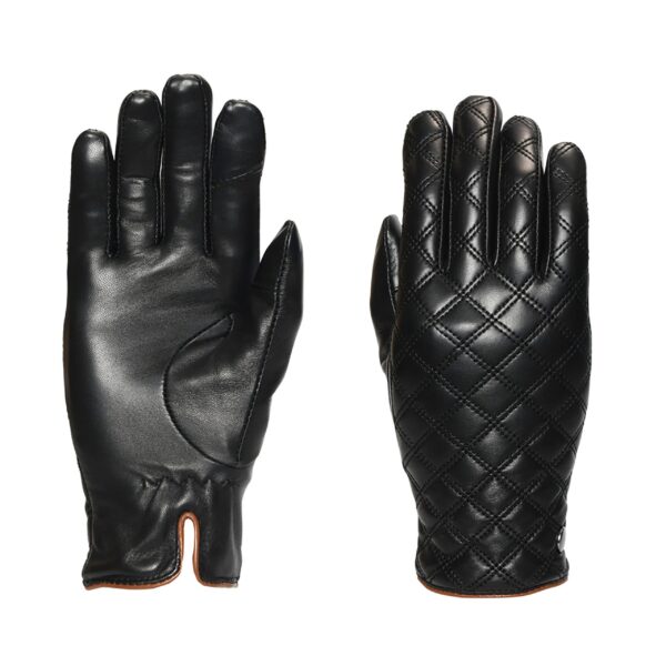 Fernie-Glove-Women-Back-and-Palm_3000px_300dpi-1-scaled-4.jpg Pair of black leather gloves on a white background: left glove shows a smooth palm with reinforced thumb and split brown-trimmed cuff; right glove displays a diamond-quilted back with a matching brown-trimmed cuff and snap.