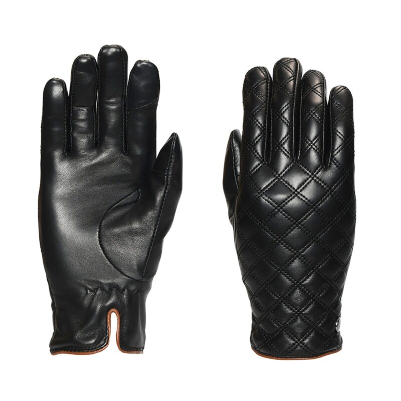 Pair of black leather gloves on a white background: left glove shows a smooth palm with reinforced thumb and split brown-trimmed cuff; right glove displays a diamond-quilted back with a matching brown-trimmed cuff and snap.