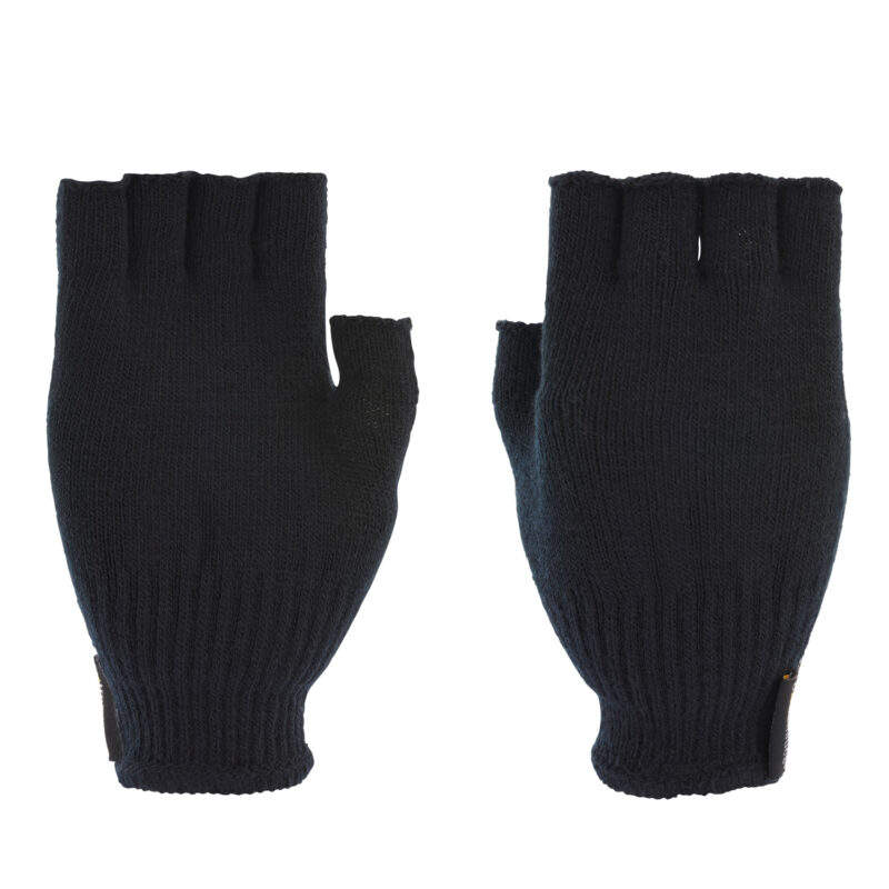 Fingerless-Thinny-Glove-Back-and-Palm-3.jpg Pair of black knitted fingerless gloves laid flat on a white background, with ribbed wrist cuffs and open fingertips.