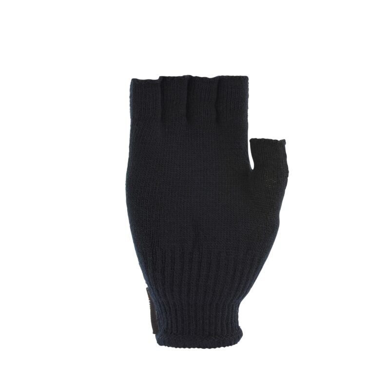 Fingerless-Thinny-Glove-Palm-3000px-96dpi-scaled-4.jpg Single black knitted fingerless glove with ribbed cuff and short cut-off finger openings, shown flat against a white background.