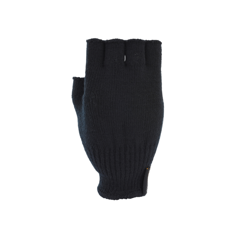 Fingerless-Thinny-Glove-back-3.png Black knitted fingerless glove with a ribbed wrist cuff and short finger openings, photographed flat on a white background.