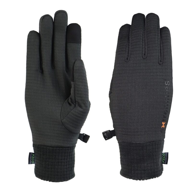 Flux-Glove-3.jpg Pair of charcoal-grey touchscreen winter gloves laid flat on a white background — left glove showing the palm with reinforced thumb and touchscreen-enabled index fingertip, right glove showing the back with a subtle logo, ribbed knit cuffs and a small clip to fasten them together.