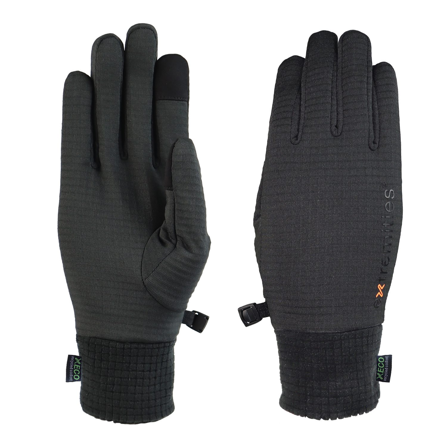 Pair of charcoal-grey touchscreen winter gloves laid flat on a white background — left glove showing the palm with reinforced thumb and touchscreen-enabled index fingertip, right glove showing the back with a subtle logo, ribbed knit cuffs and a small clip to fasten them together.