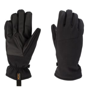 Pair of black insulated winter gloves shown palm-side up and back-side up, featuring a textured synthetic grip on the palm, elasticated wrists and a small XDRY branded fabric tag.