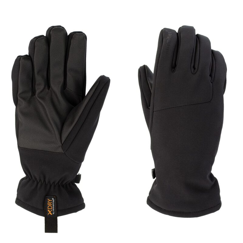 Focus-Gloves-Palm-and-Back_1500px_72dpi-3.jpg Pair of black insulated winter gloves shown palm-side up and back-side up, featuring a textured synthetic grip on the palm, elasticated wrists and a small XDRY branded fabric tag.