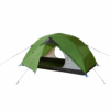 Green dome-style two-person camping tent with a partially open oval door revealing grey inner walls and a black bathtub floor, supported by curved poles and taut guy lines with blue tensioners, on a white background.