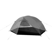 Grey dome-style camping tent with rainfly and a partially open zip door revealing the mesh inner tent, set up with guylines and pegged corners on a plain white background.