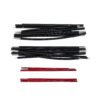 Full-Pole-Set-3.jpg Sets of segmented collapsible tent poles laid flat—two bundled rows of black aluminium sections with silver ferrules and two shorter red aluminium sections, each showing small pin connectors