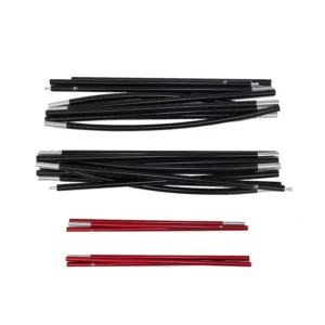 Sets of segmented collapsible tent poles laid flat—two bundled rows of black aluminium sections with silver ferrules and two shorter red aluminium sections, each showing small pin connectors