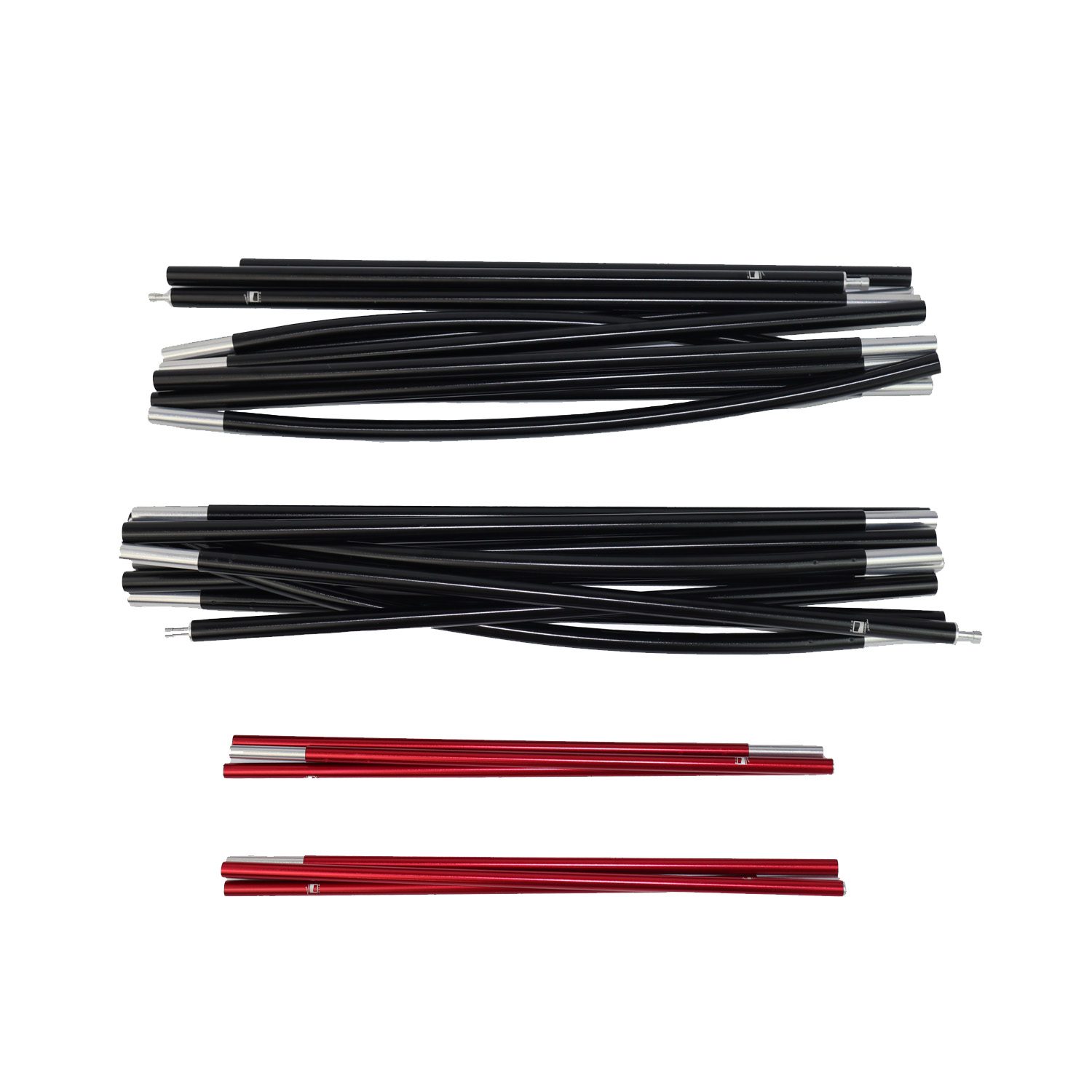 Full-Pole-Set-3.jpg Sets of segmented collapsible tent poles laid flat—two bundled rows of black aluminium sections with silver ferrules and two shorter red aluminium sections, each showing small pin connectors