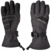 Pair of dark grey insulated winter gloves—left glove palm up showing black grip panels with white stitching, right glove back displaying the 'extremities' logo, both with adjustable wrist buckles and drawcord gauntlets.