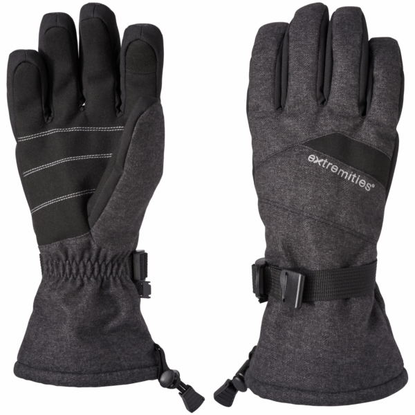 Pair of dark grey insulated winter gloves—left glove palm up showing black grip panels with white stitching, right glove back displaying the 'extremities' logo, both with adjustable wrist buckles and drawcord gauntlets.
