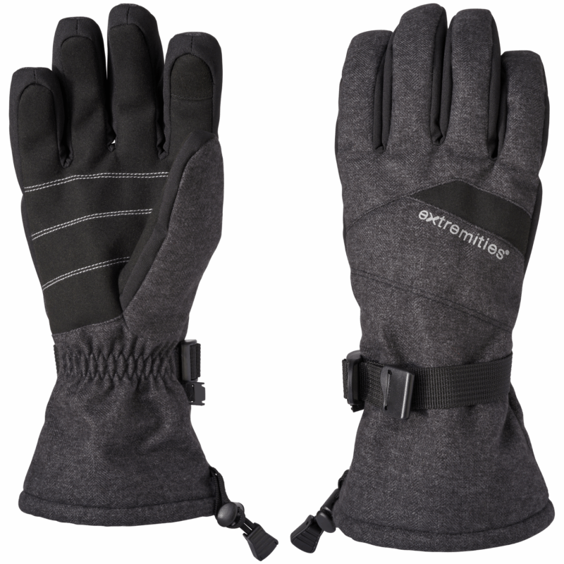 Furnace-Pro-Mitt-Back-and-Palm-1.png Pair of dark grey insulated winter gloves—left glove palm up showing black grip panels with white stitching, right glove back displaying the 'extremities' logo, both with adjustable wrist buckles and drawcord gauntlets.