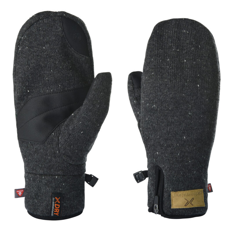 Furnace-Pro-Mitt-Back-and-Palm-3.jpg Pair of dark charcoal speckled knit mittens laid flat, each with a reinforced black faux‑leather palm patch, separate thumb gusset, small clip connector and a zippered cuff with stitched brand tags.