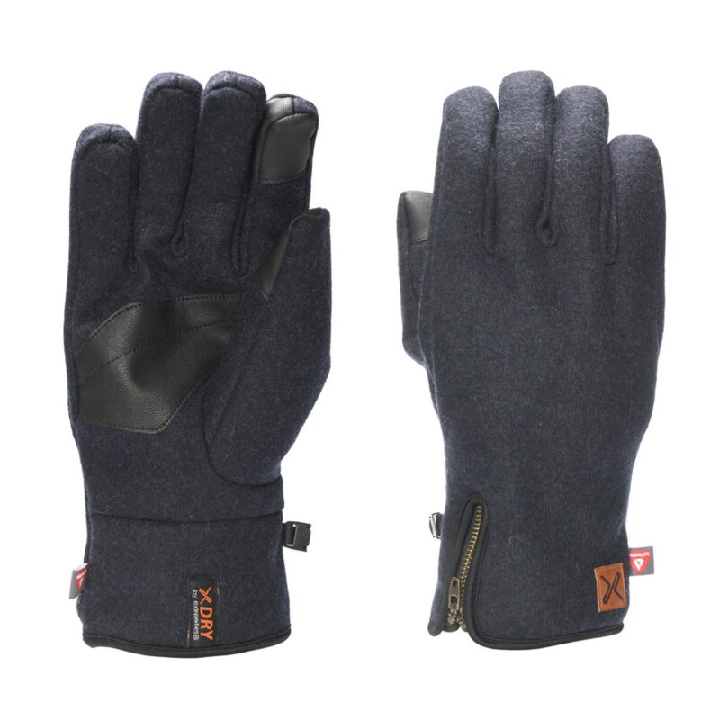 Furnace-ultra-navy_1500px_72dpi-front-and-back-3.jpg Pair of dark charcoal winter gloves, left glove palm-up showing a black leather palm patch and reinforced thumb, right glove back-up featuring a short zippered cuff and small leather brand tag.