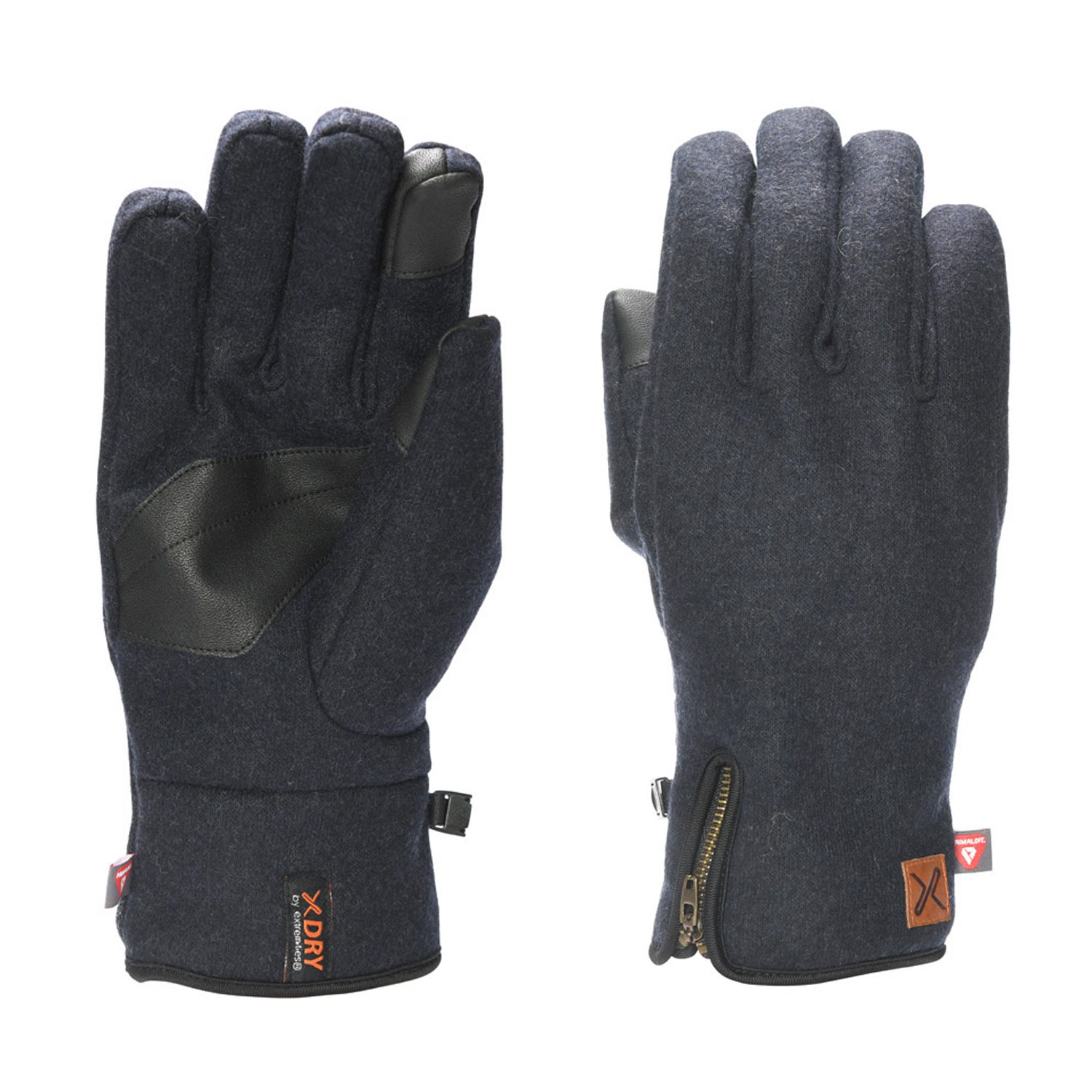 Pair of dark charcoal winter gloves, left glove palm-up showing a black leather palm patch and reinforced thumb, right glove back-up featuring a short zippered cuff and small leather brand tag.