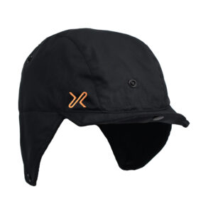 GTX Ice Cap no tie Black waterproof winter hat with ear flaps and an orange logo, designed for cold weather protection and outdoor activities.
