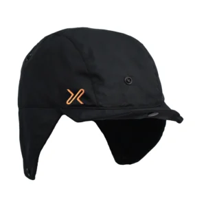 GTX Ice Cap no tie Black waterproof winter hat with ear flaps and an orange logo, designed for cold weather protection and outdoor activities.