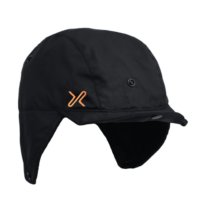 Black waterproof winter hat with ear flaps and an orange logo, designed for cold weather protection and outdoor activities.