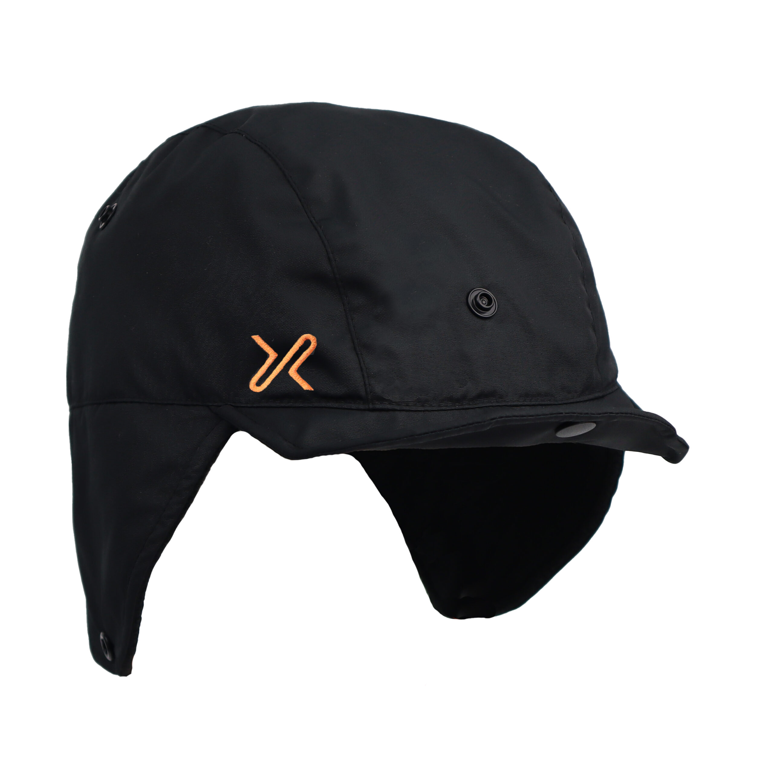 GTX Ice Cap no tie Black waterproof winter hat with ear flaps and an orange logo, designed for cold weather protection and outdoor activities.