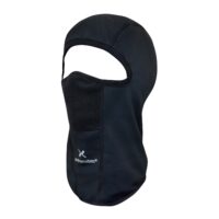Black balaclava covering head and neck with a single eye opening, fleece mouth panel and visible stitched seams, small "extremities" logo on the lower front.