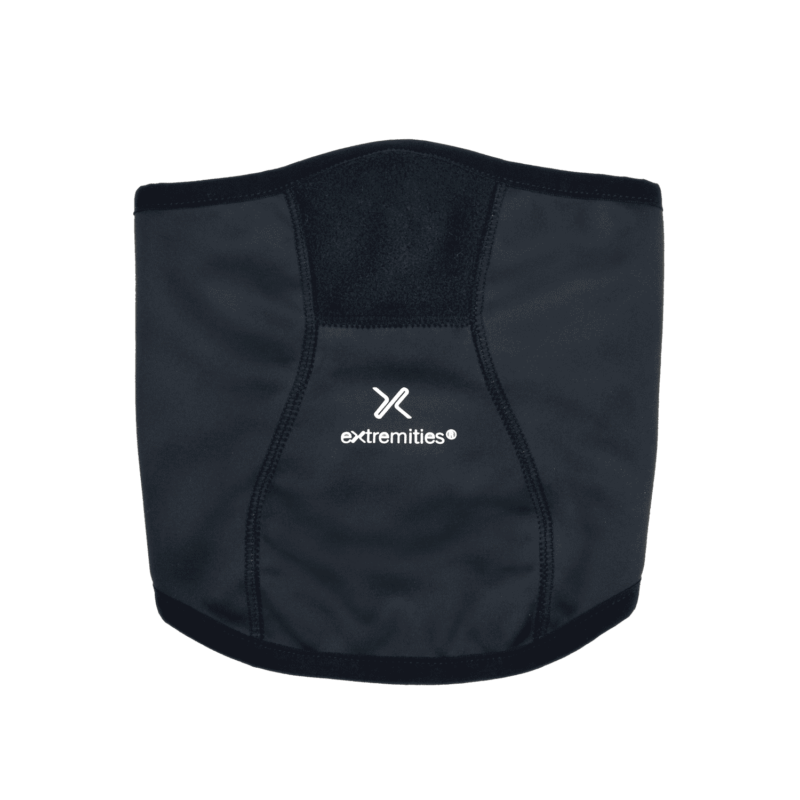 Black neoprene neck gaiter with contoured stitching and a white "extremities" logo centred on the front, showing a fleece-lined upper edge.