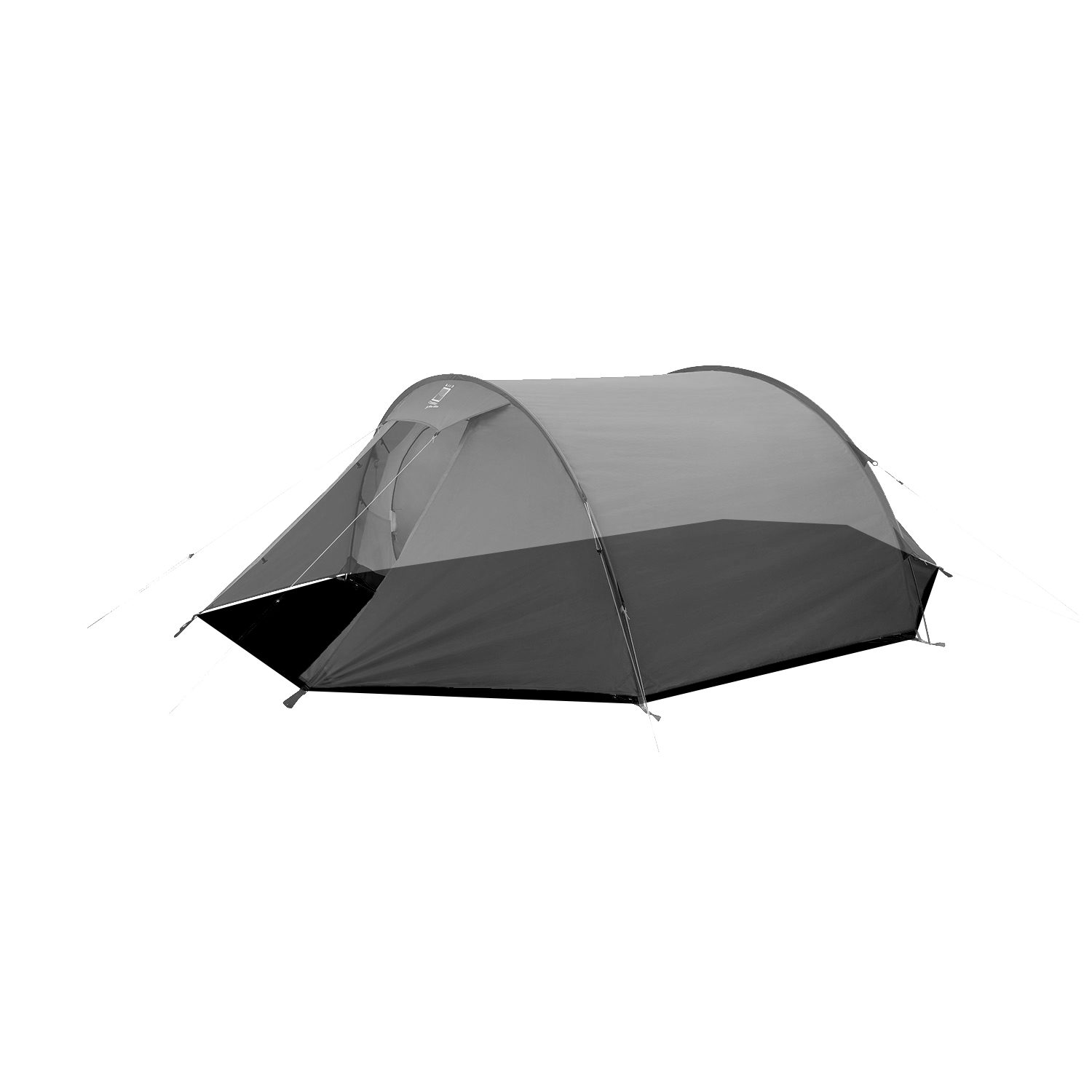 Halcyon-2-1500x1500-1-3.jpg Grey two-person tunnel tent with a small front vestibule and arched poles, guy lines and pegs securing the flysheet against a plain white background.