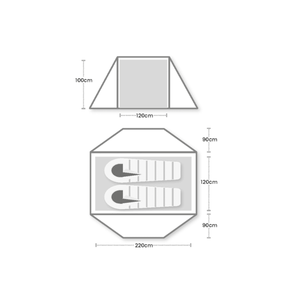 Halcyon-2-Floorplan_1500px_72dpi-1.png Diagram showing front elevation and top-down plan of a two-person tent: a central 120 cm-wide sleeping compartment with 100 cm wall height and sloping side panels, two sleeping bags shown side-by-side inside, 90 cm vestibule extensions front and back, and an overall width of 220 cm.
