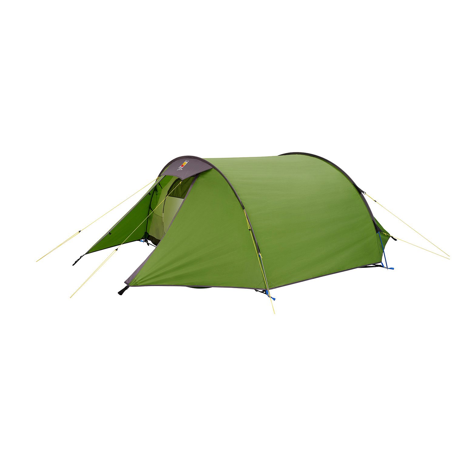 Halcyon-2_2_1500px_72dpi-1.jpg Green two-person tunnel tent with grey trim and arched poles, staked out with yellow guylines and showing a small front vestibule, photographed on a white background.