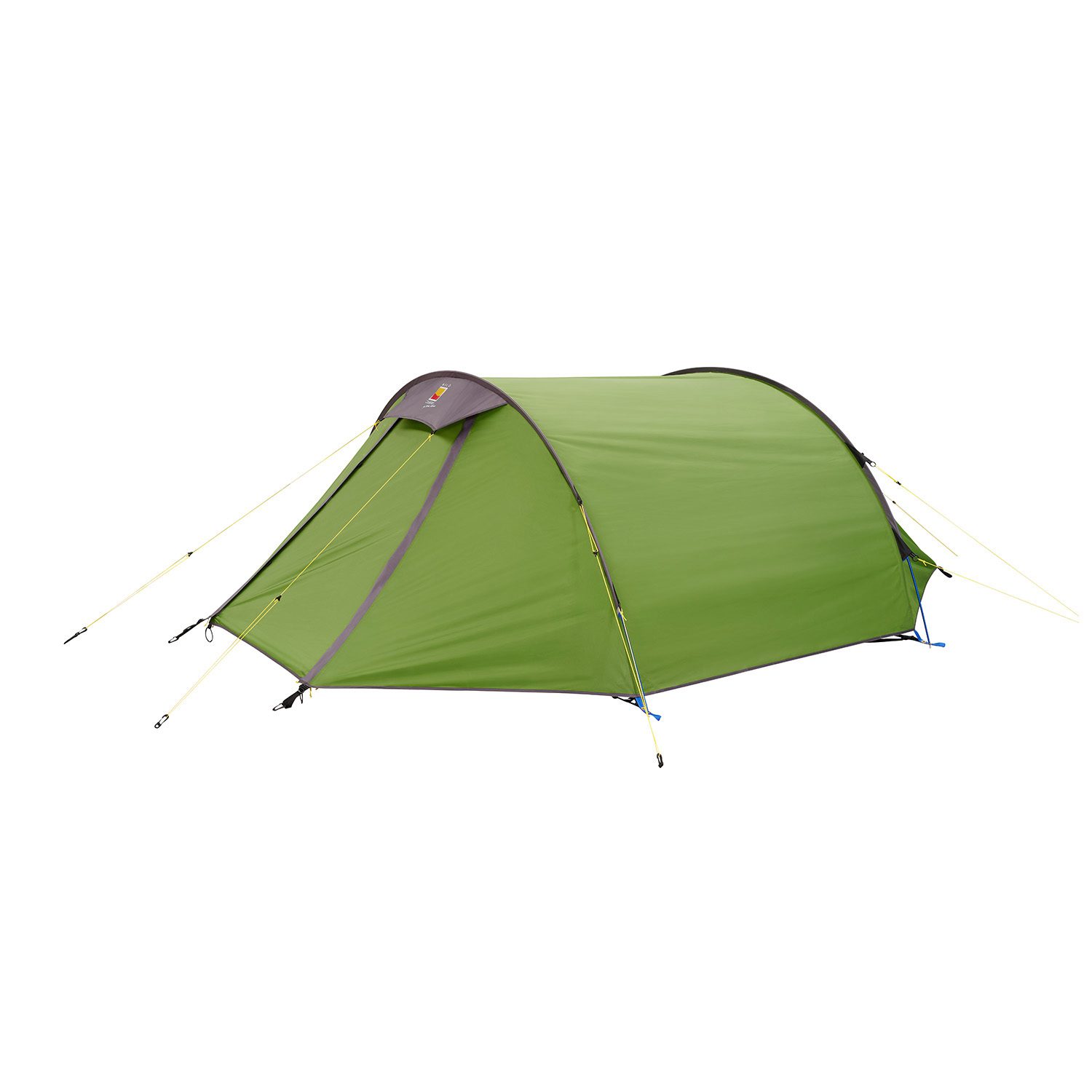 Low-profile green tunnel tent with grey trim and small front canopy, secured by yellow guy lines and blue tensioners, shown against a white background.