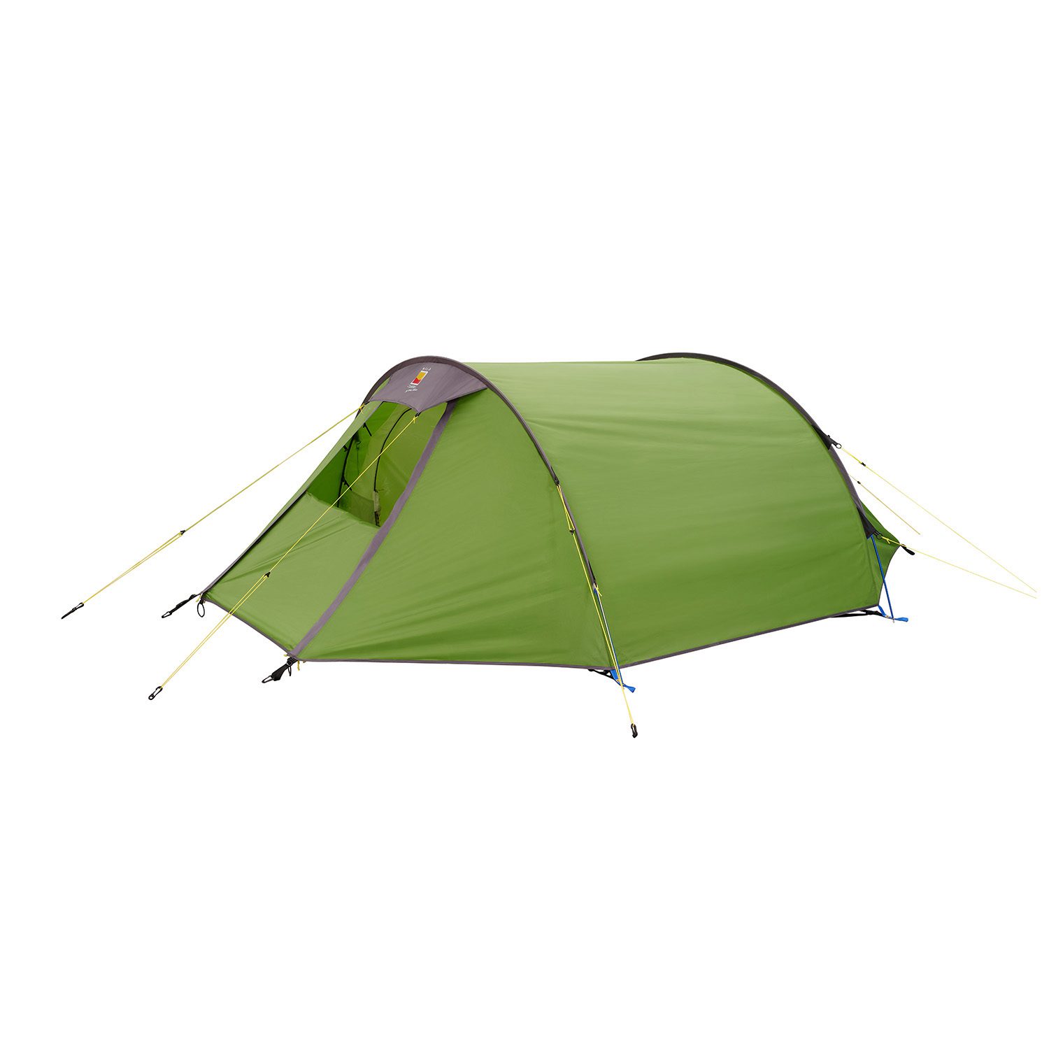 Low-profile green tunnel-style camping tent with grey trim, arched poles and yellow guy lines, shown against a white background.