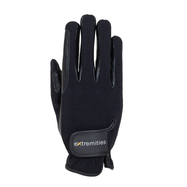 Black five-finger glove with textured fabric back, leather-like reinforcements on the fingers and a hook-and-loop wrist strap printed with the brand name extremities.