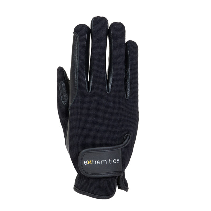 Black five-finger glove with textured fabric back, leather-like reinforcements on the fingers and a hook-and-loop wrist strap printed with the brand name extremities.