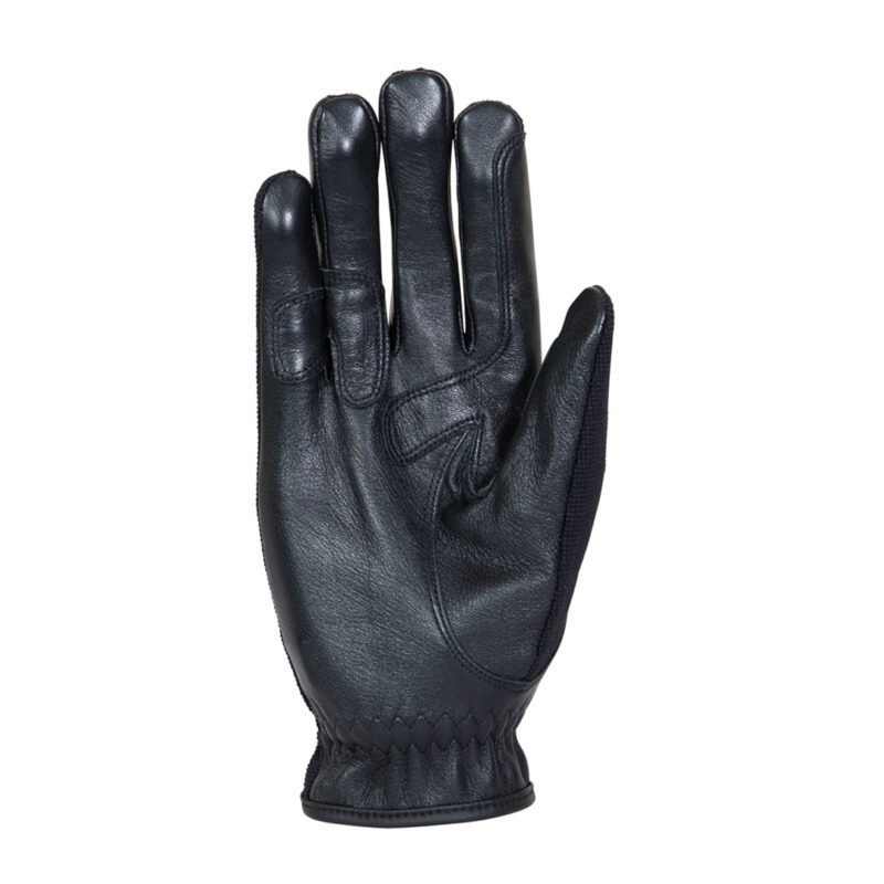 Black leather glove shown palm-side up with stitched reinforcements on the fingers and thumb, elasticated wrist and textured fabric on the thumb side, isolated on a white background.