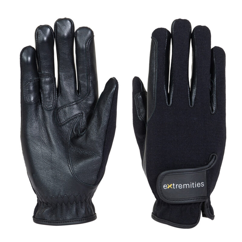 Pair of black gloves — left glove showing smooth leather palm with stitched reinforcements and an elasticated wrist, right glove showing a knitted fabric back with a Velcro strap branded extremities.