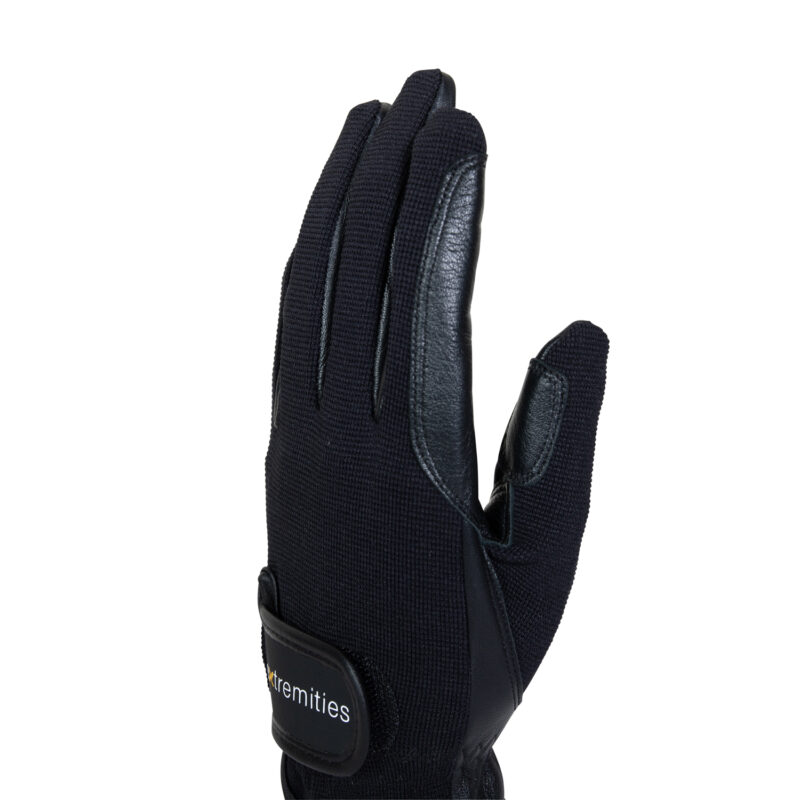 Black glove shown upright on a white background, with knitted fabric back, leather reinforcements on the thumb and fingertips, and a Velcro wrist strap labelled extremities.