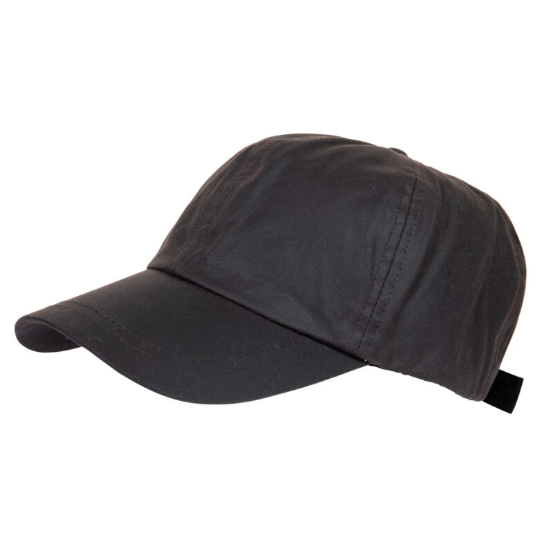 Black baseball cap with a curved brim and visible panel stitching, shown in profile on a white background with an adjustable Velcro strap at the back.