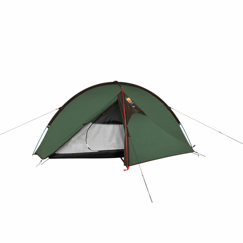 Helm-2-1.png Green dome camping tent with a partially open front fly revealing a light grey inner mesh door, black floor and taut guy lines anchored at the corners.
